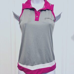 Prodigy Golfer-Women's Sleeveless Collared Top-Gray, Pink & White-Sz/XS-Semi Fit